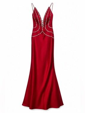 Maggie Sottero Red and Silver Embellished Prom Gown